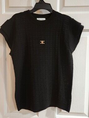 CELINE Black Triomphe Pointelle Short Flutter Sleeve Sweater Size L Cotton